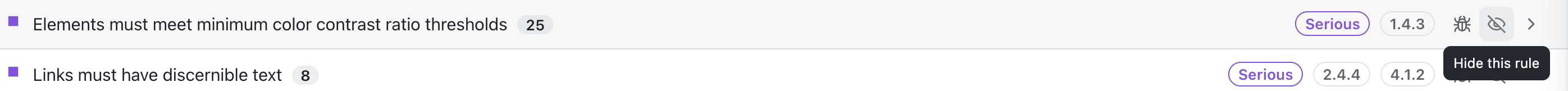 Hide action initiated from the rule level in the accessibility report
