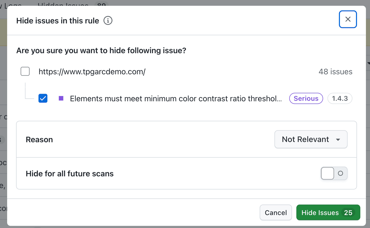 Hide issue confirmation modal for the rule level