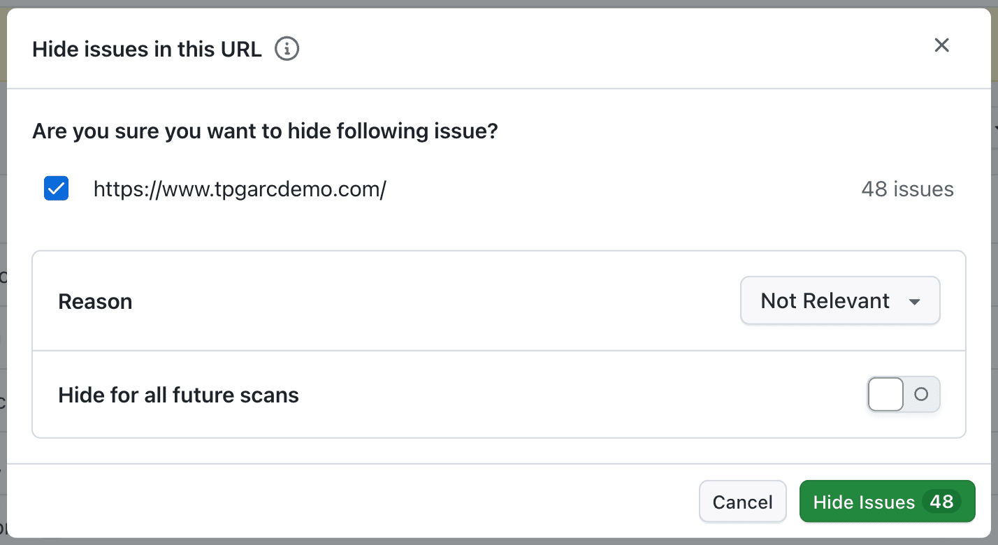 Hide issue confirmation modal for the URL level