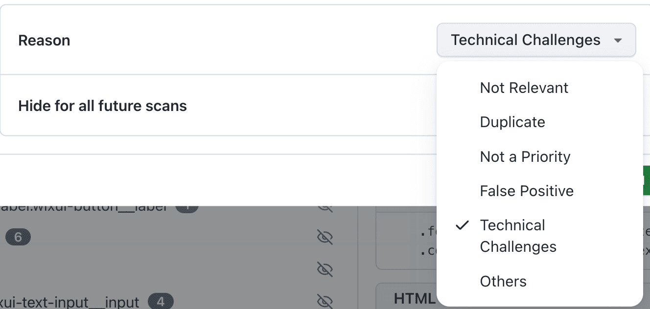 Hide modal showing the reason selection for hidden issues