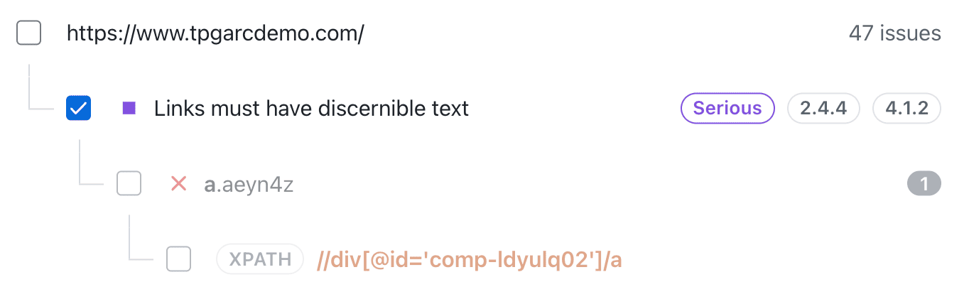 Hierarchy switch in the accessibility report showing the URL, rule, element group, and element structure