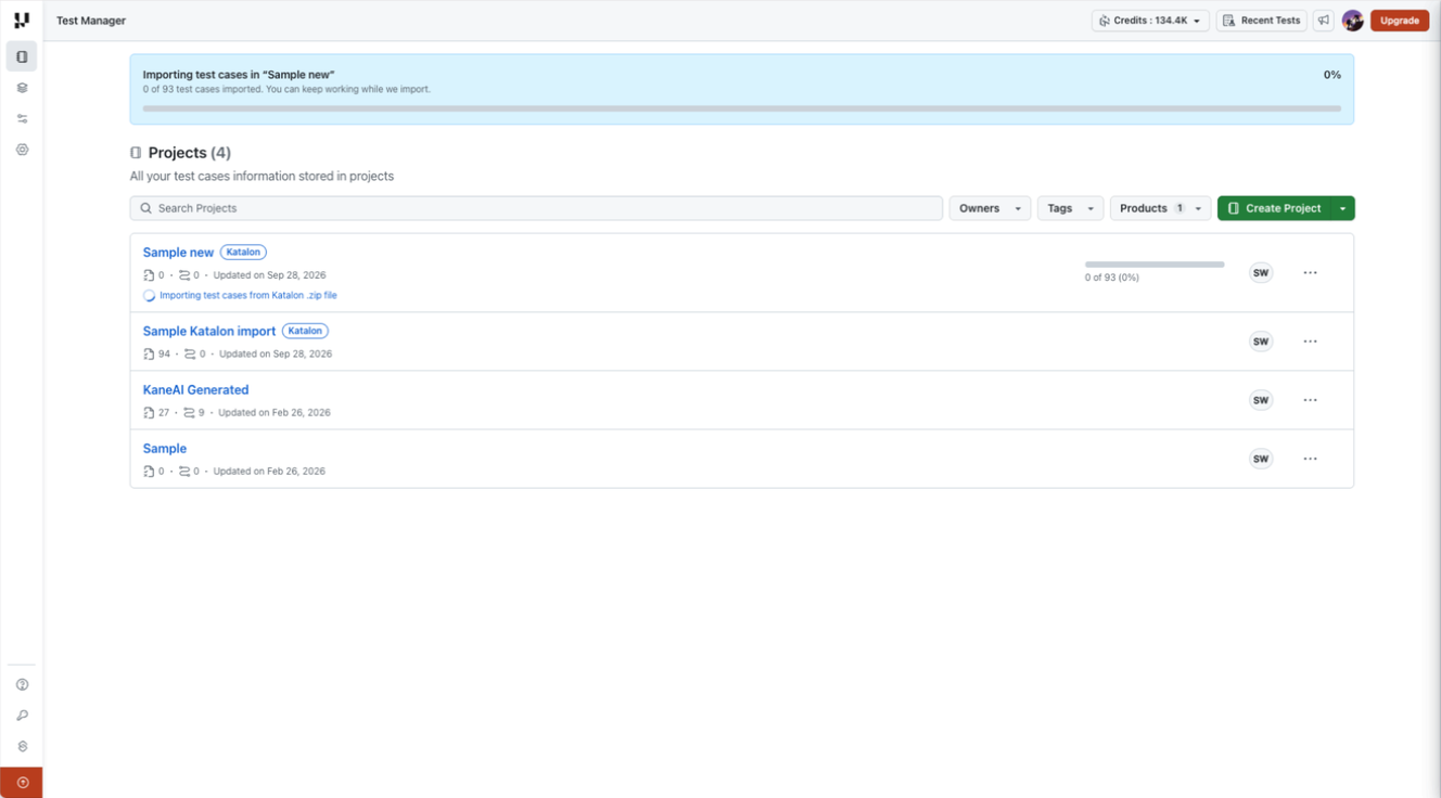 Projects page showing background Katalon import progress