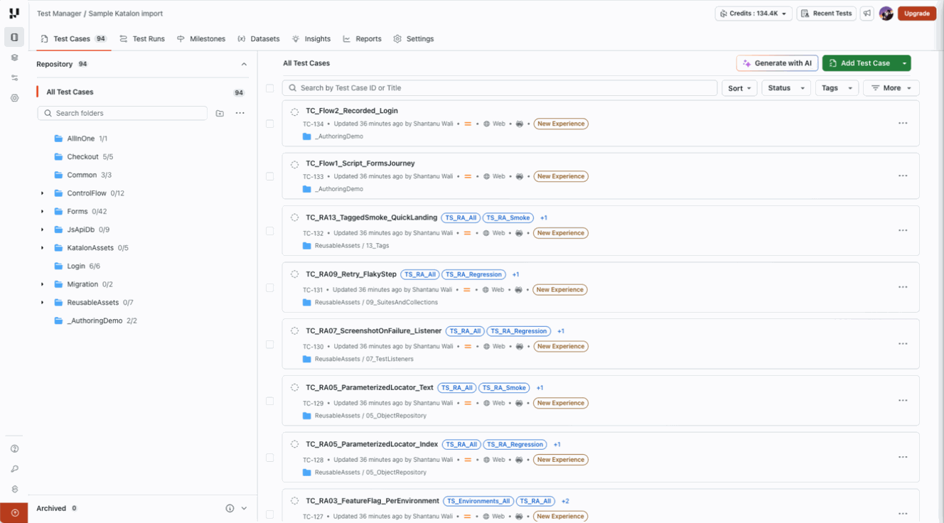 Imported desktop web test cases labeled New Experience in the Test Manager project