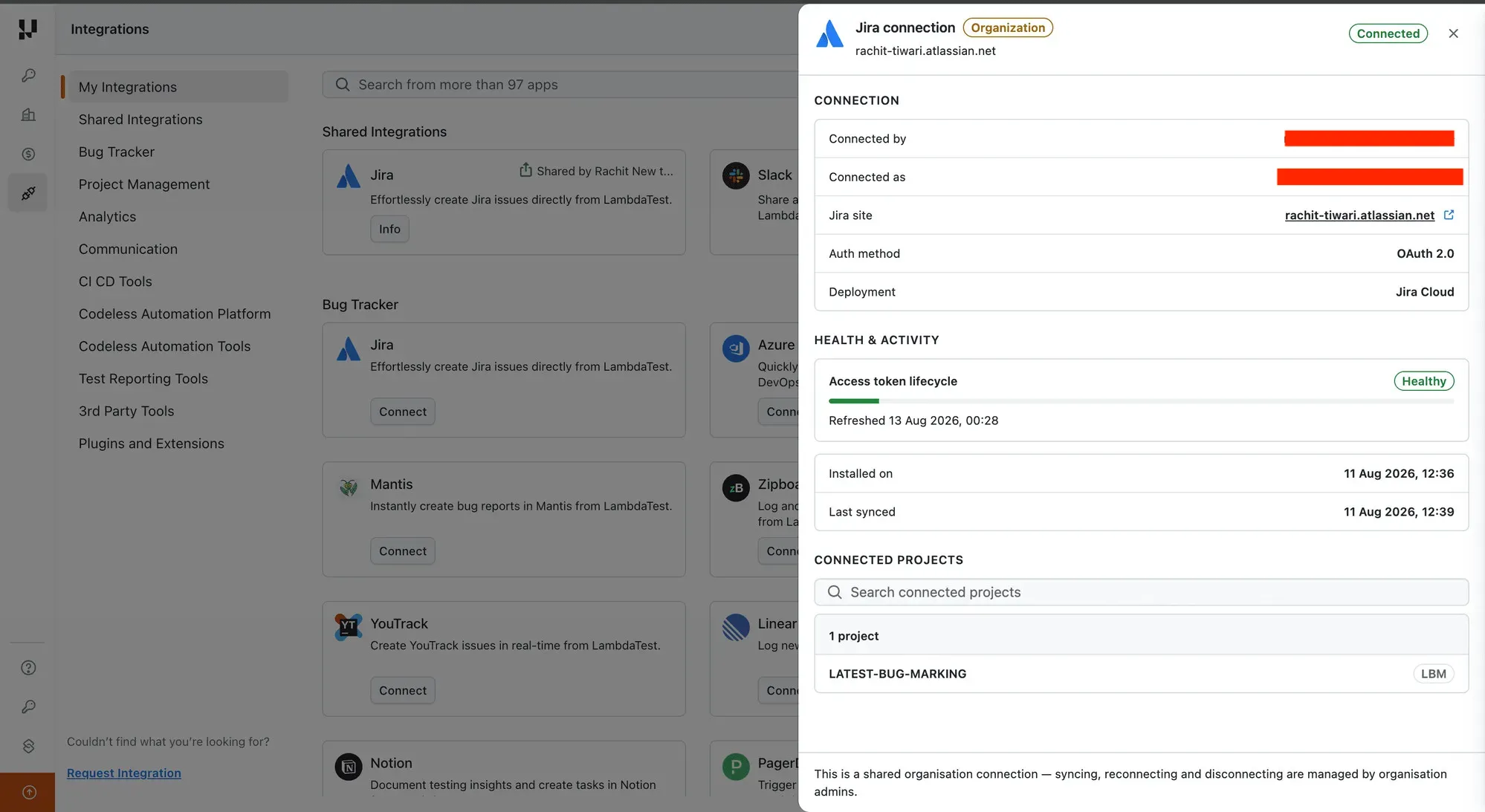 Organization (shared) Jira connection details