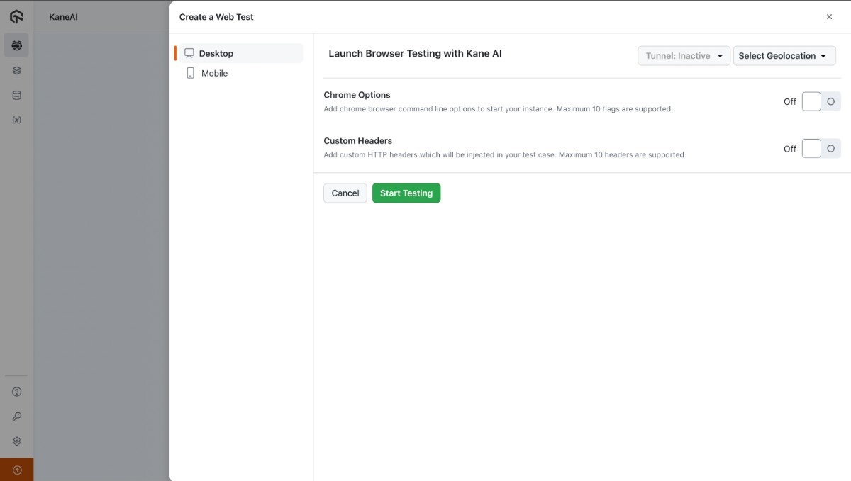 Initiate a Web Test in KaneAI