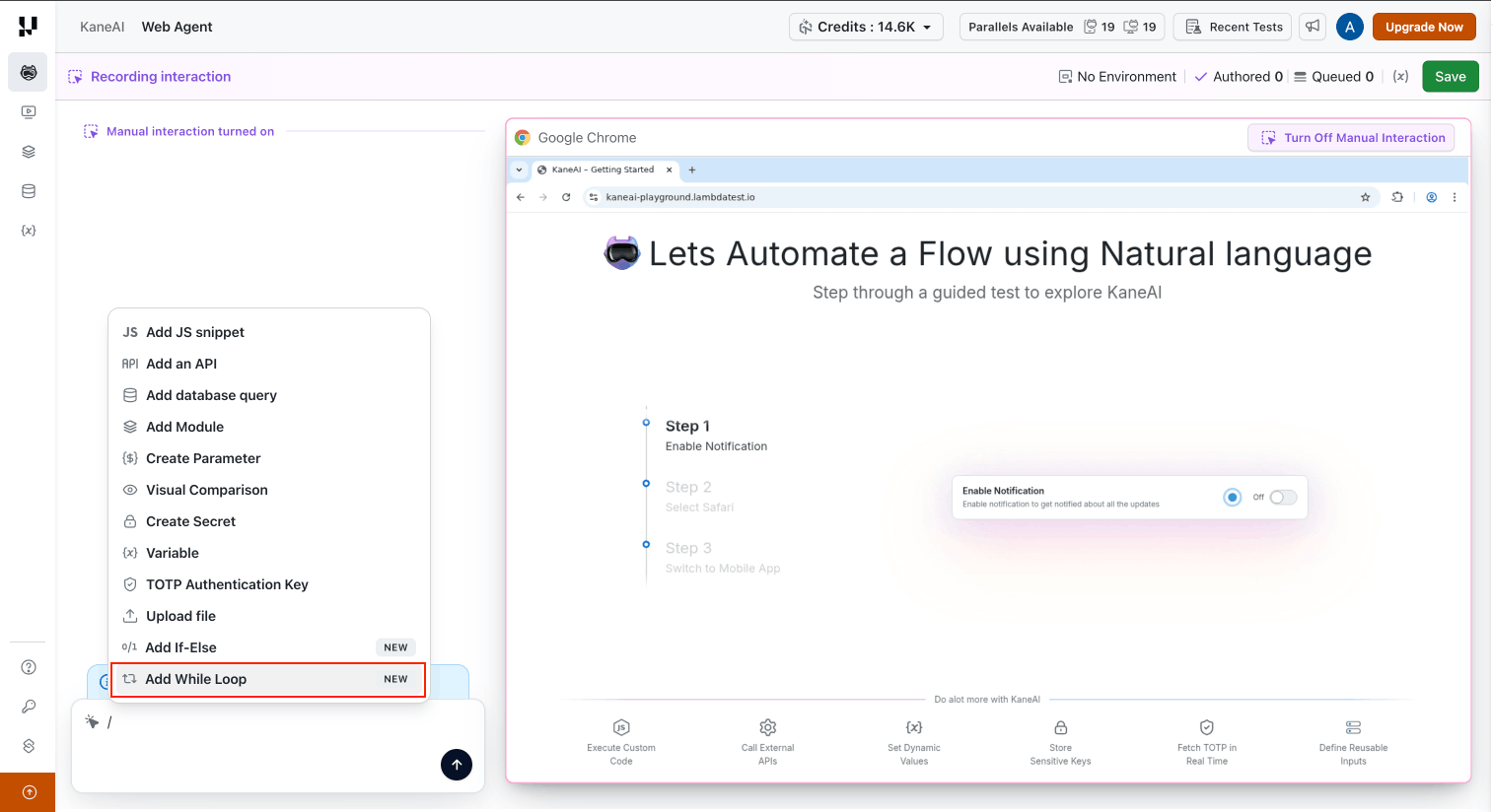 Empty While Loop block inserted into the test flow
