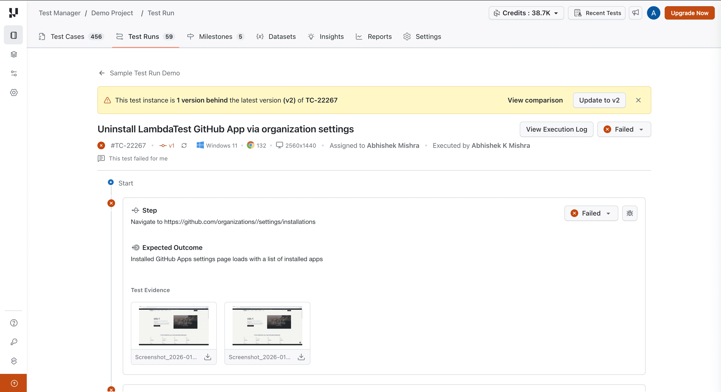 Test instance detail showing version behind banner