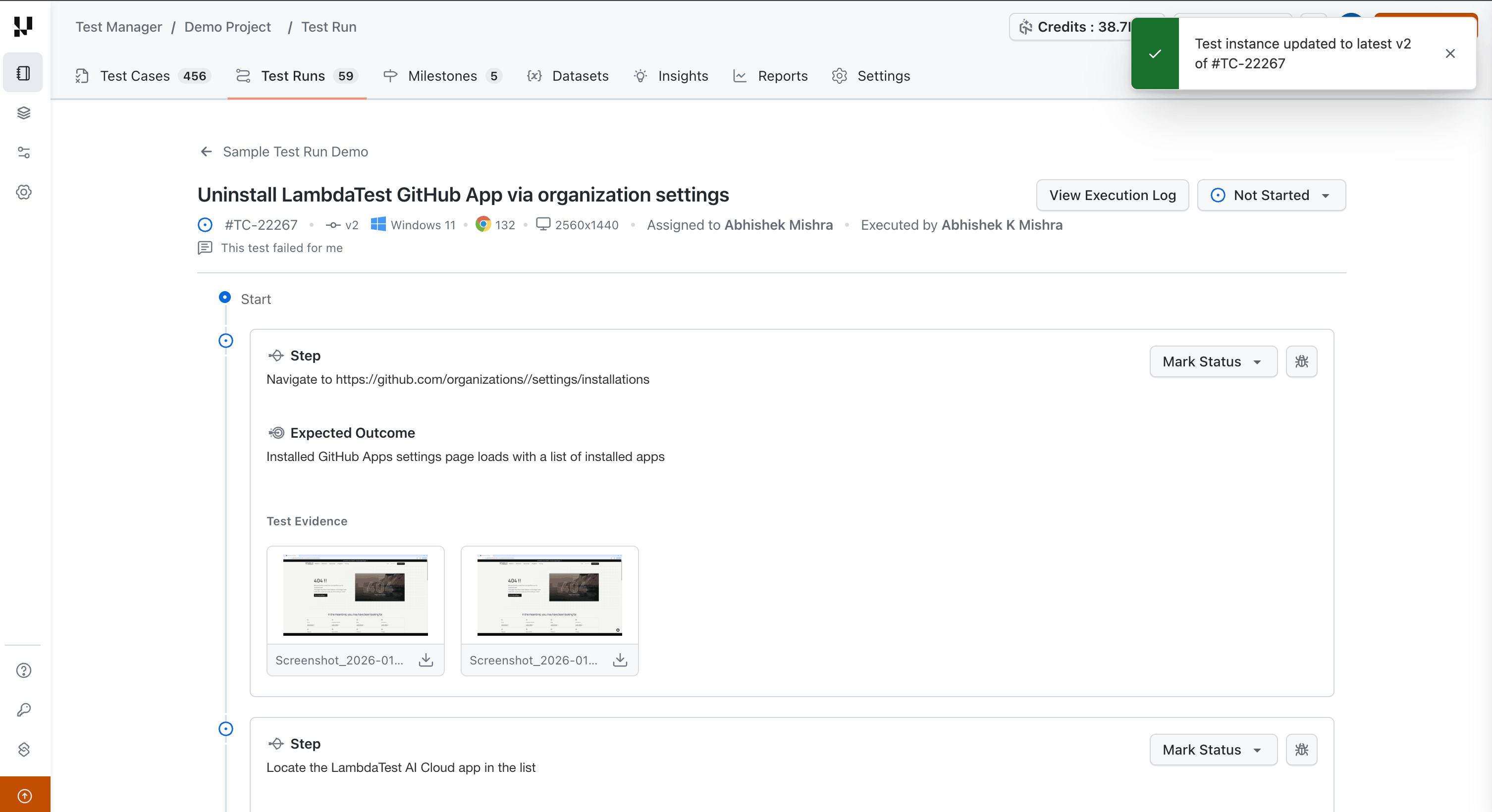 Test instance updated to latest version with Not Started status