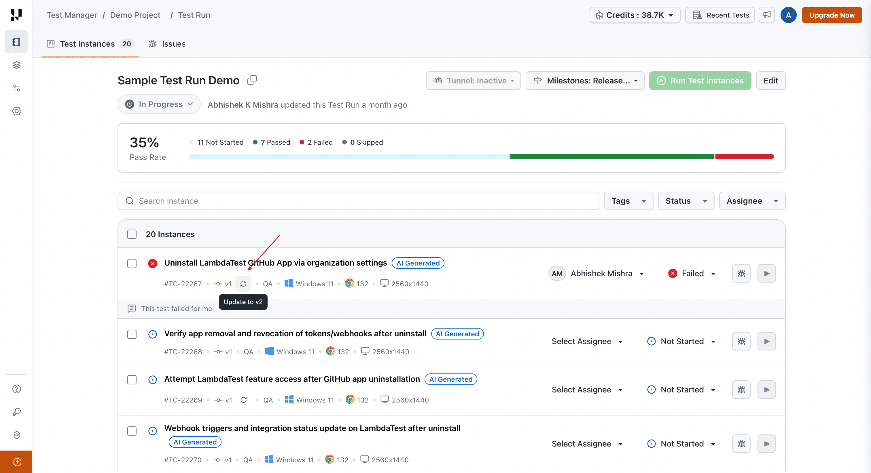 Test run listing showing update badge on a stale test instance