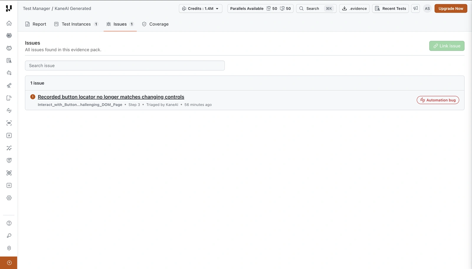 Issues tab listing one issue triaged by KaneAI and tagged Automation bug
