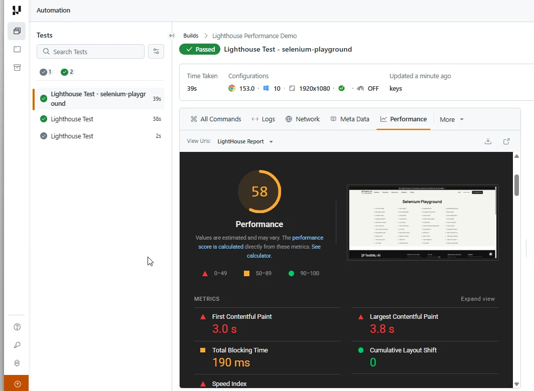 Lighthouse Performance score of 58 with Core Web Vitals metrics on TestMu AI