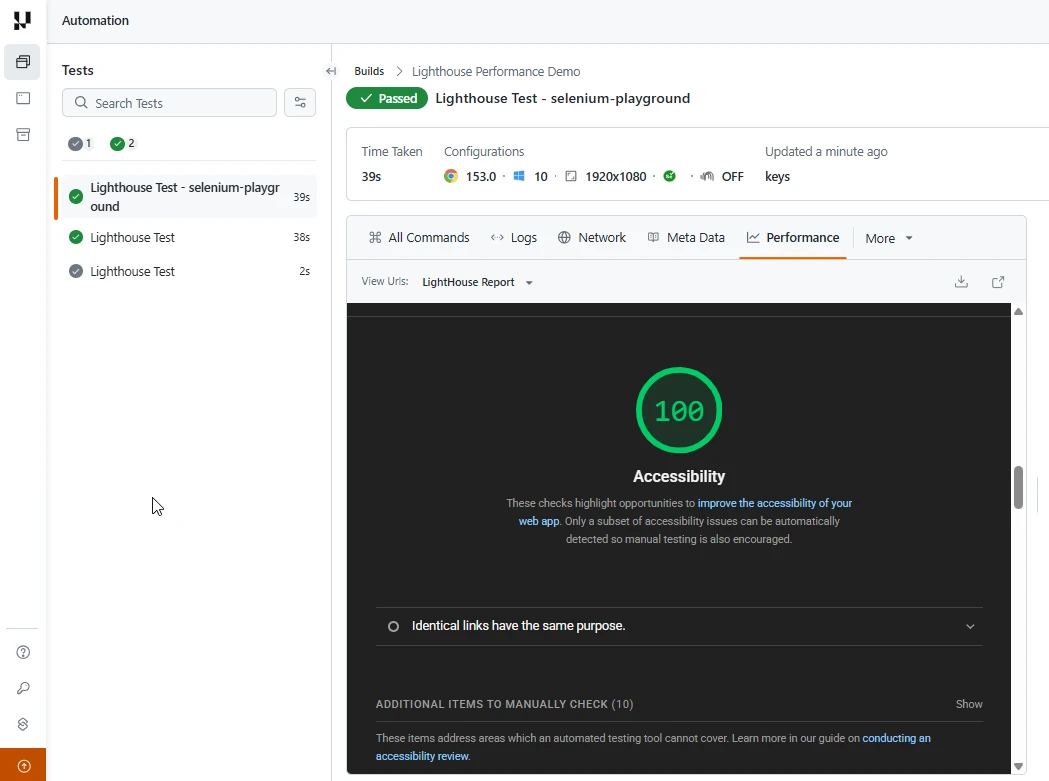 Lighthouse Accessibility score of 100 with audited checks on TestMu AI