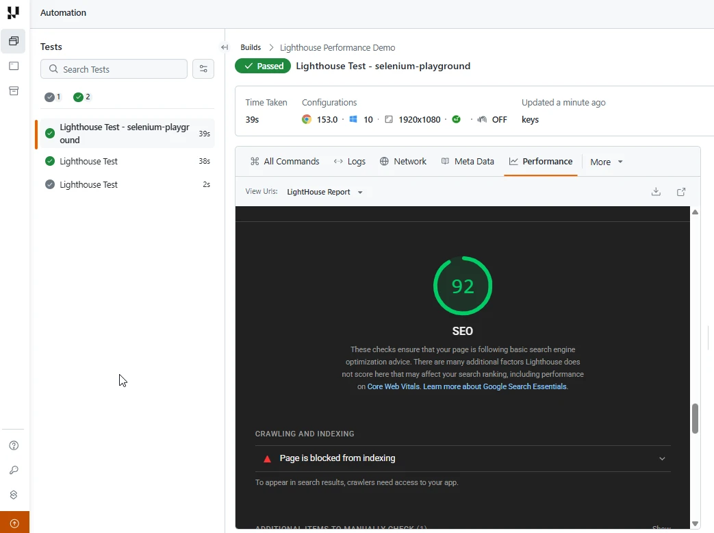 Lighthouse SEO score of 92 with crawling and indexing checks on TestMu AI