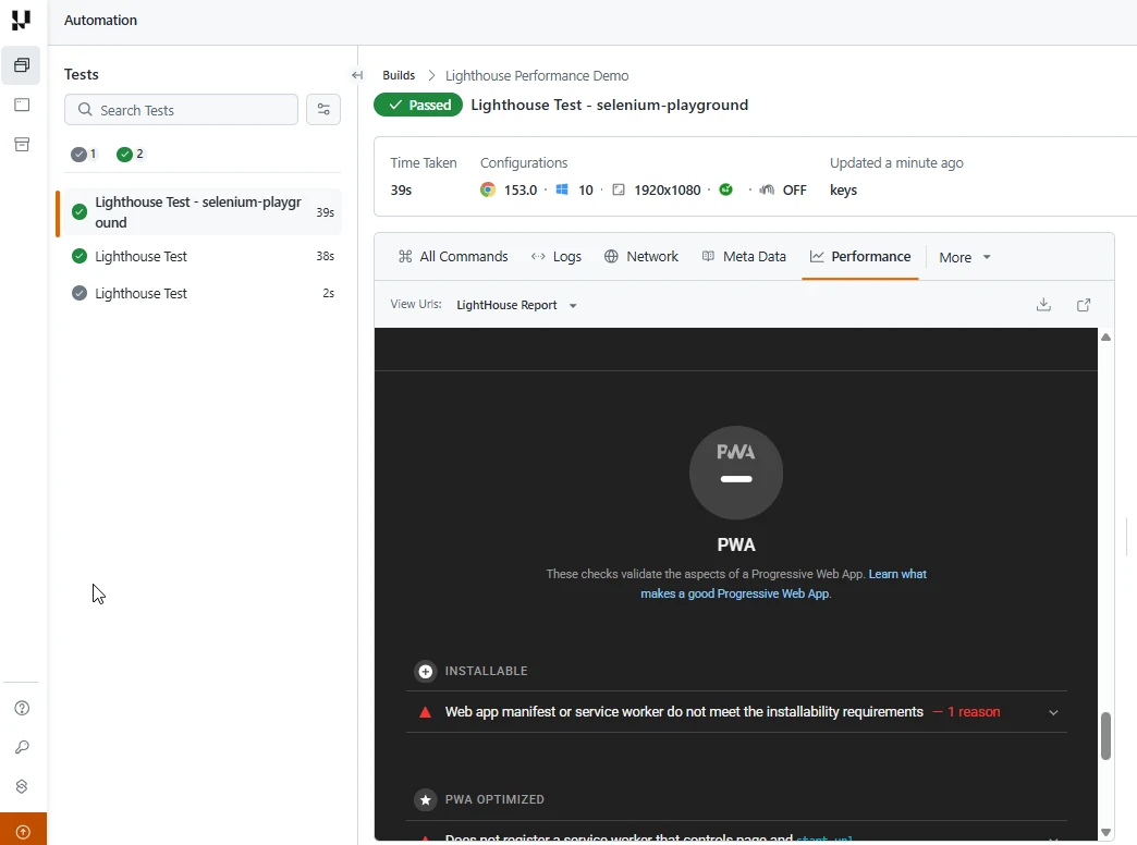 Lighthouse Progressive Web App (PWA) checks on TestMu AI
