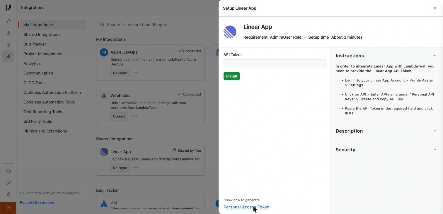 Linear App setup form with the API Token field