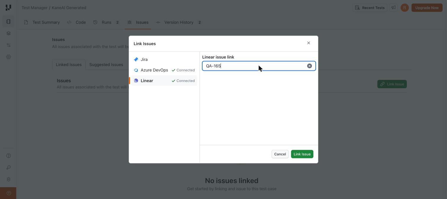 Link Issues dialog with Linear selected and an issue key entered
