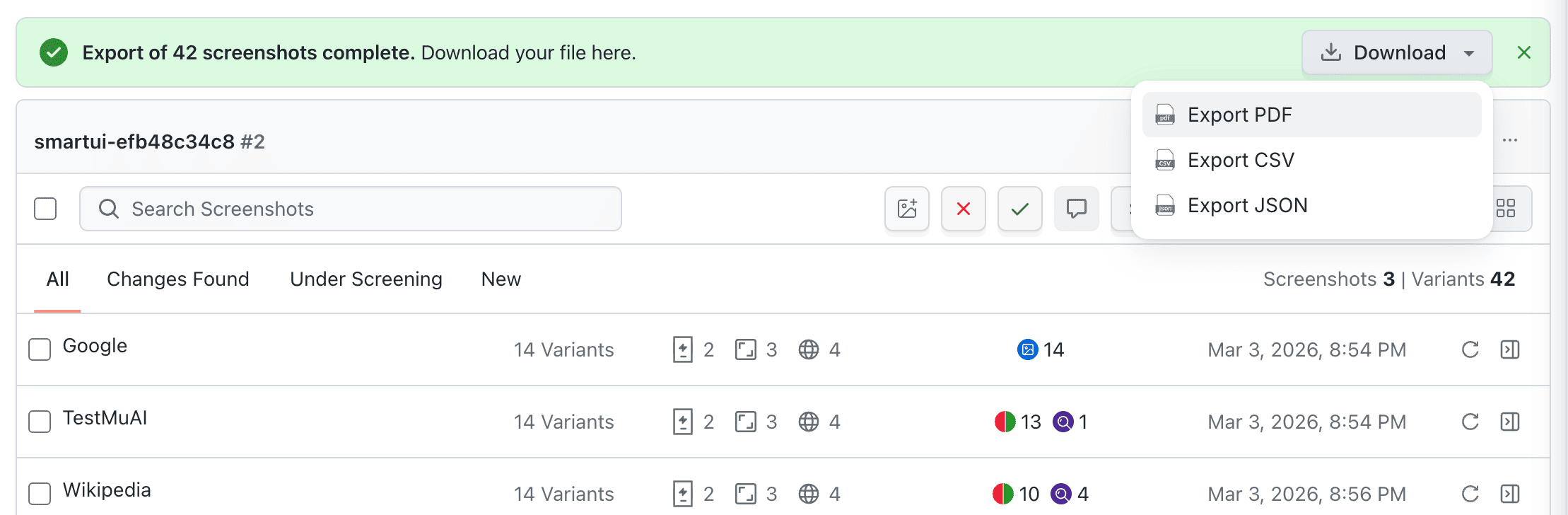 Export ready with PDF CSV and JSON download options
