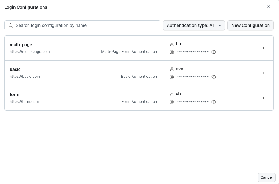 Login modal listing saved configurations with option to add a new configuration
