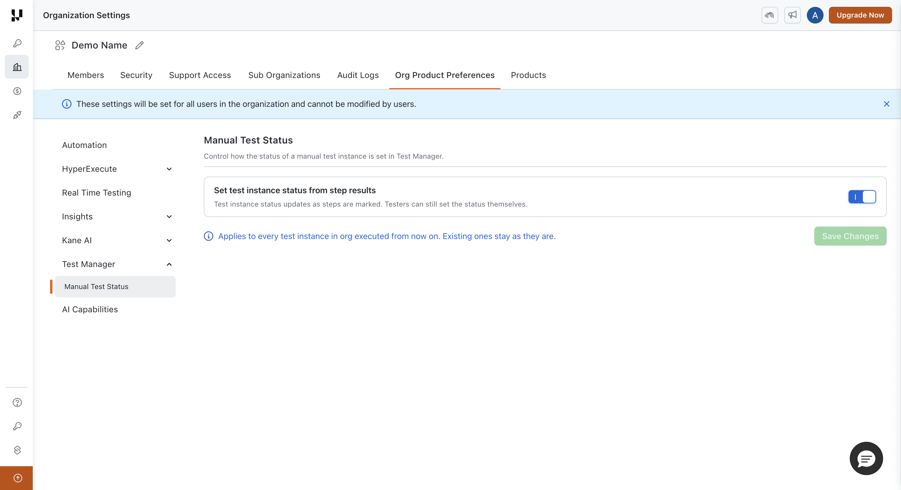 Manual Test Status setting under Test Manager in Org Product Preferences
