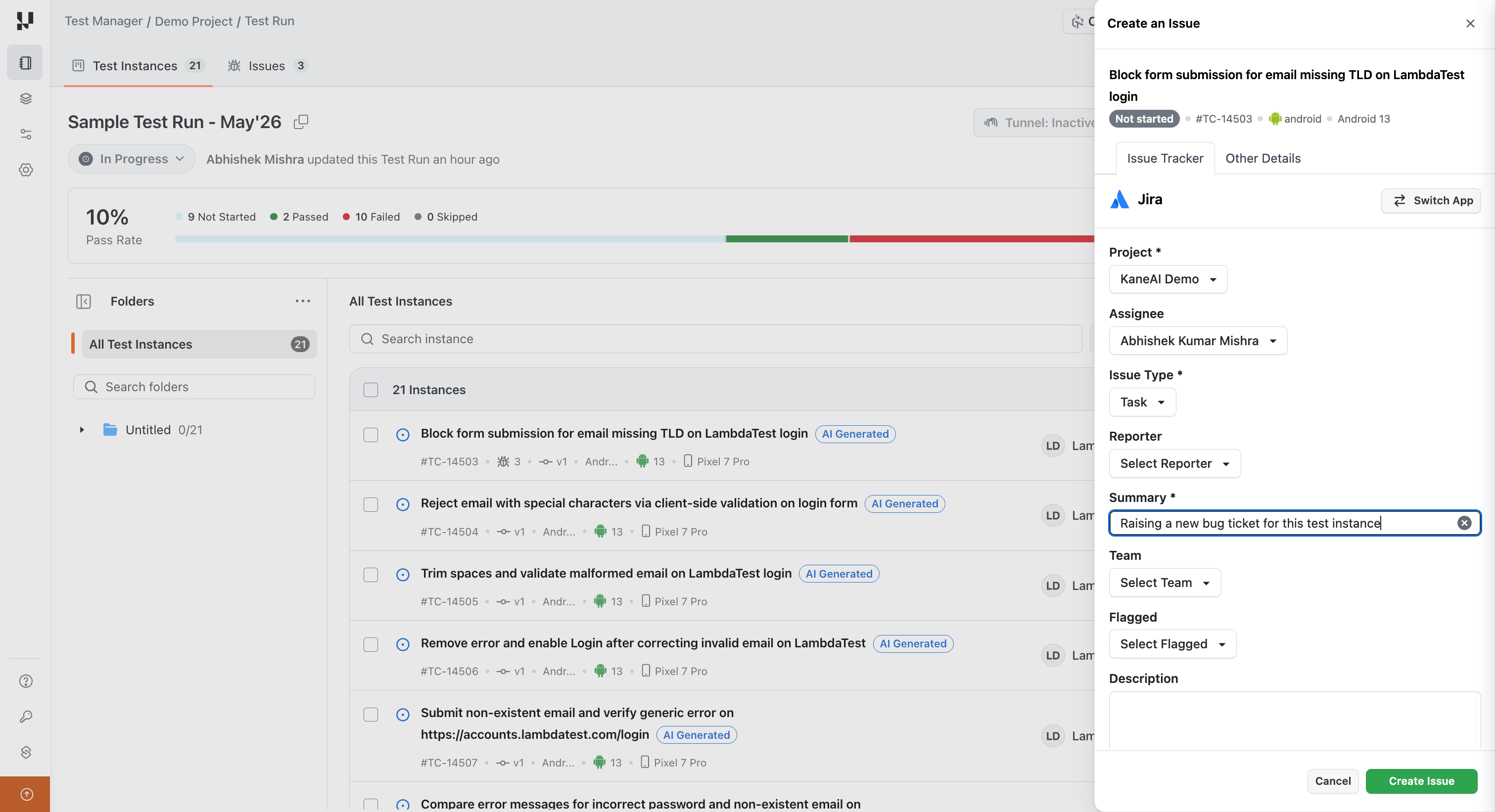 Create an Issue panel for raising a new bug from a test instance