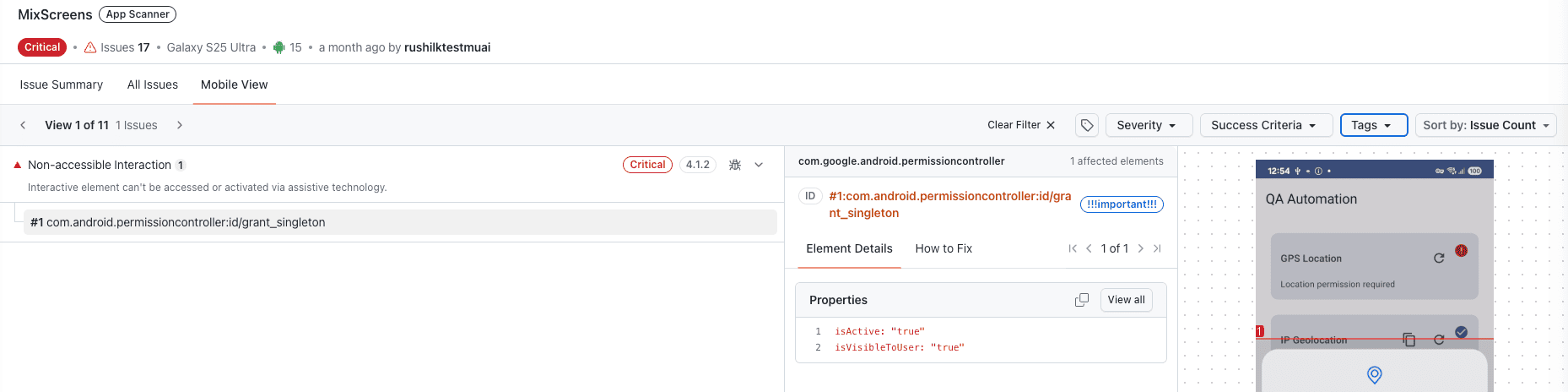 Tags visible in mobile view for accessibility scans