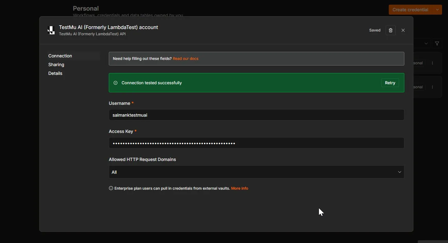n8n credential modal showing a green checkmark confirming the TestMu AI connection is valid