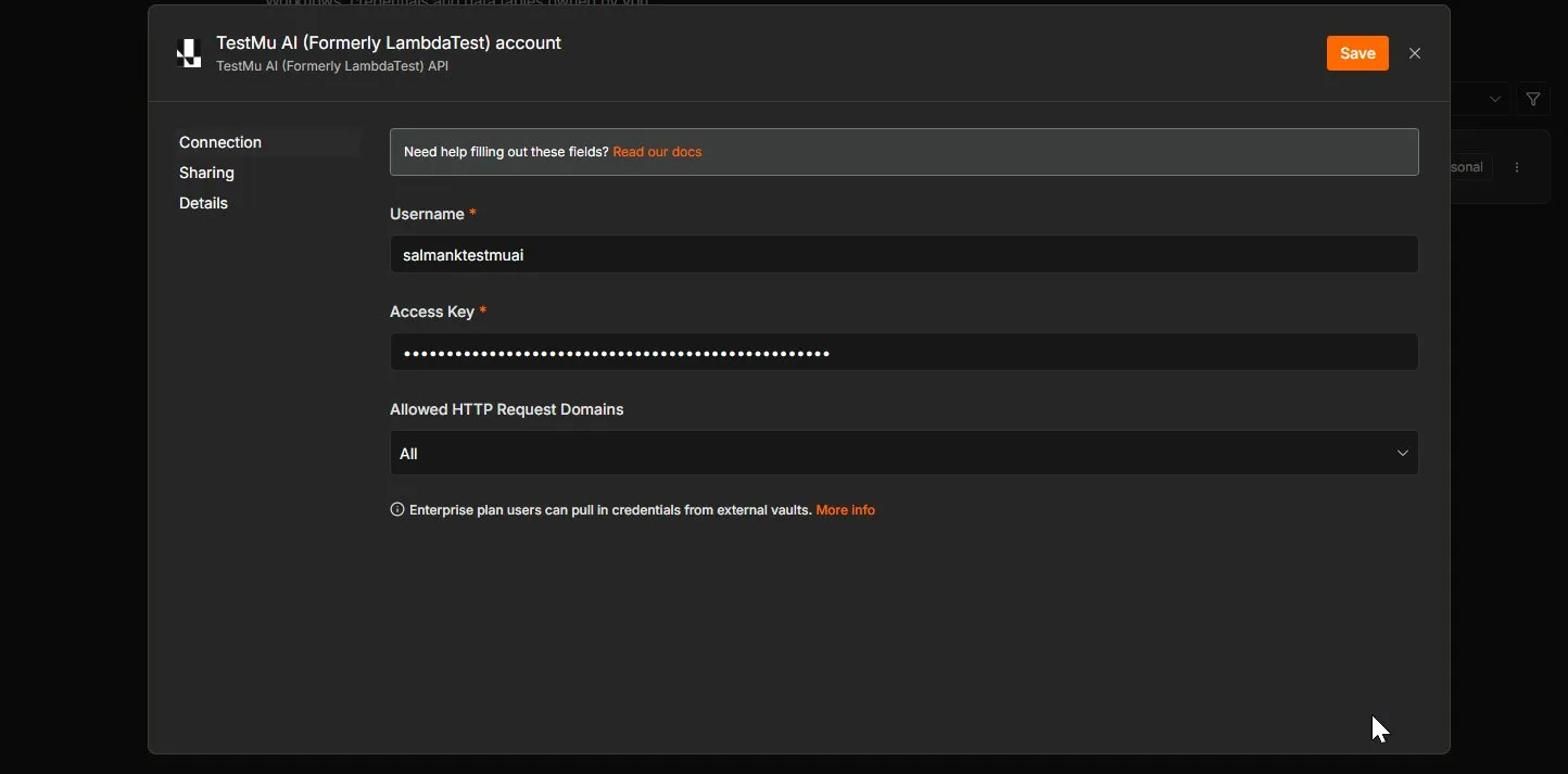 n8n credential modal with Username and Access Key fields filled in