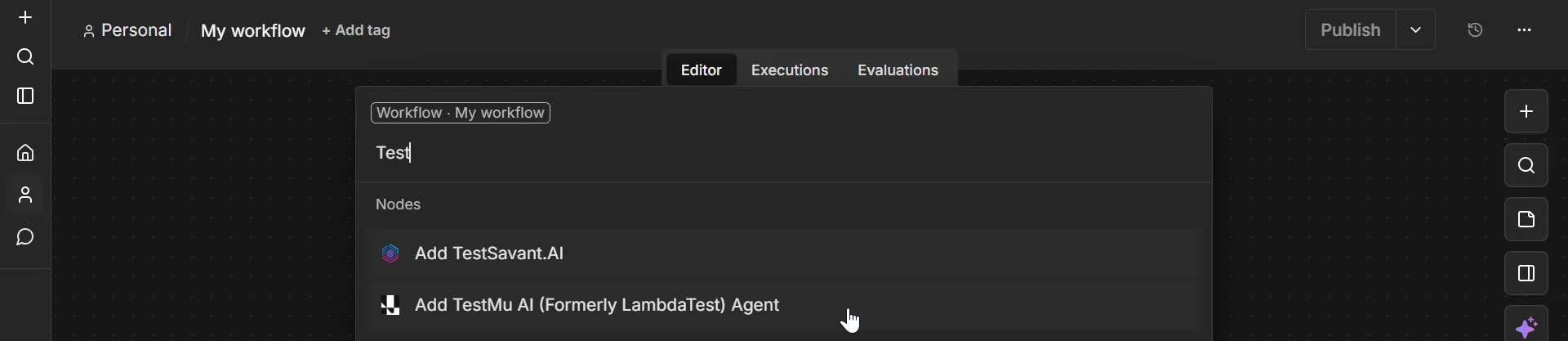 n8n Nodes panel search for TestMu AI with the TestMu AI Agent node selected to add to the workflow