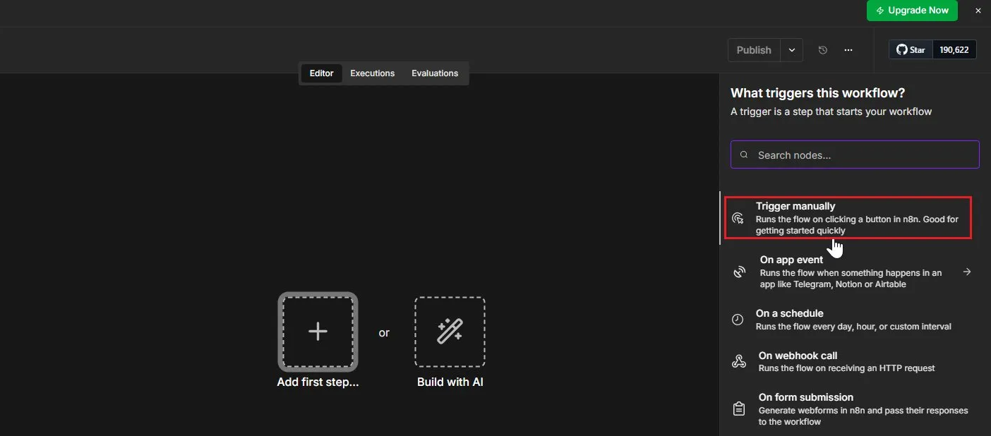 n8n workflow editor with a Manual Trigger node added to the canvas