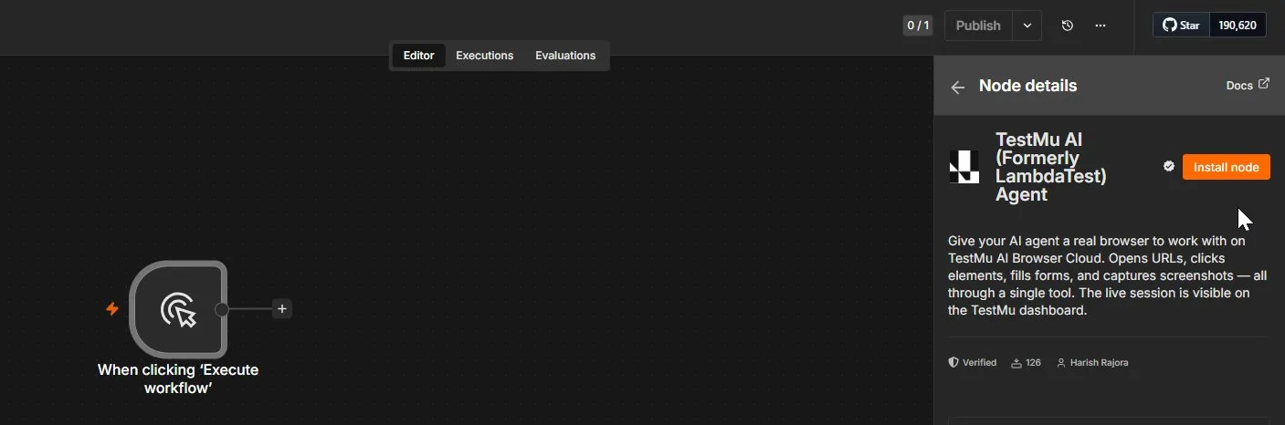 n8n install confirmation prompt for the TestMu AI Agent verified node