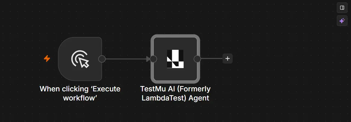 n8n Nodes panel search for TestMu AI with the TestMu AI Agent node selected to add to the workflow