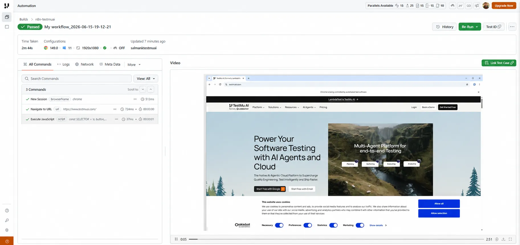TestMu AI Web Automation dashboard showing the test session result from the n8n workflow