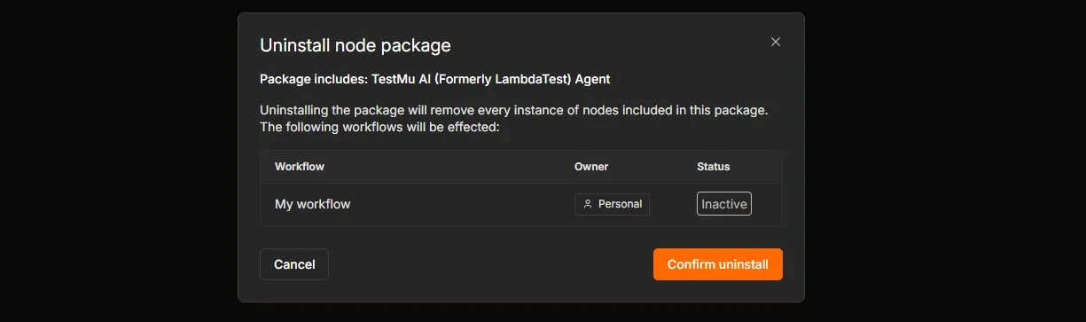 n8n uninstall confirmation dialog for the TestMu AI Agent node package