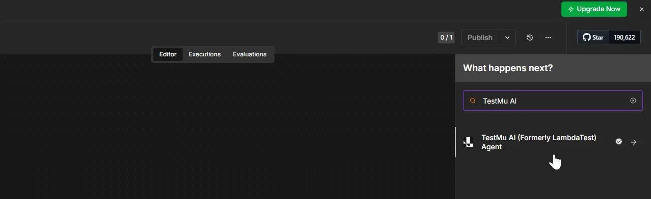 n8n Nodes panel search results showing the TestMu AI Agent node