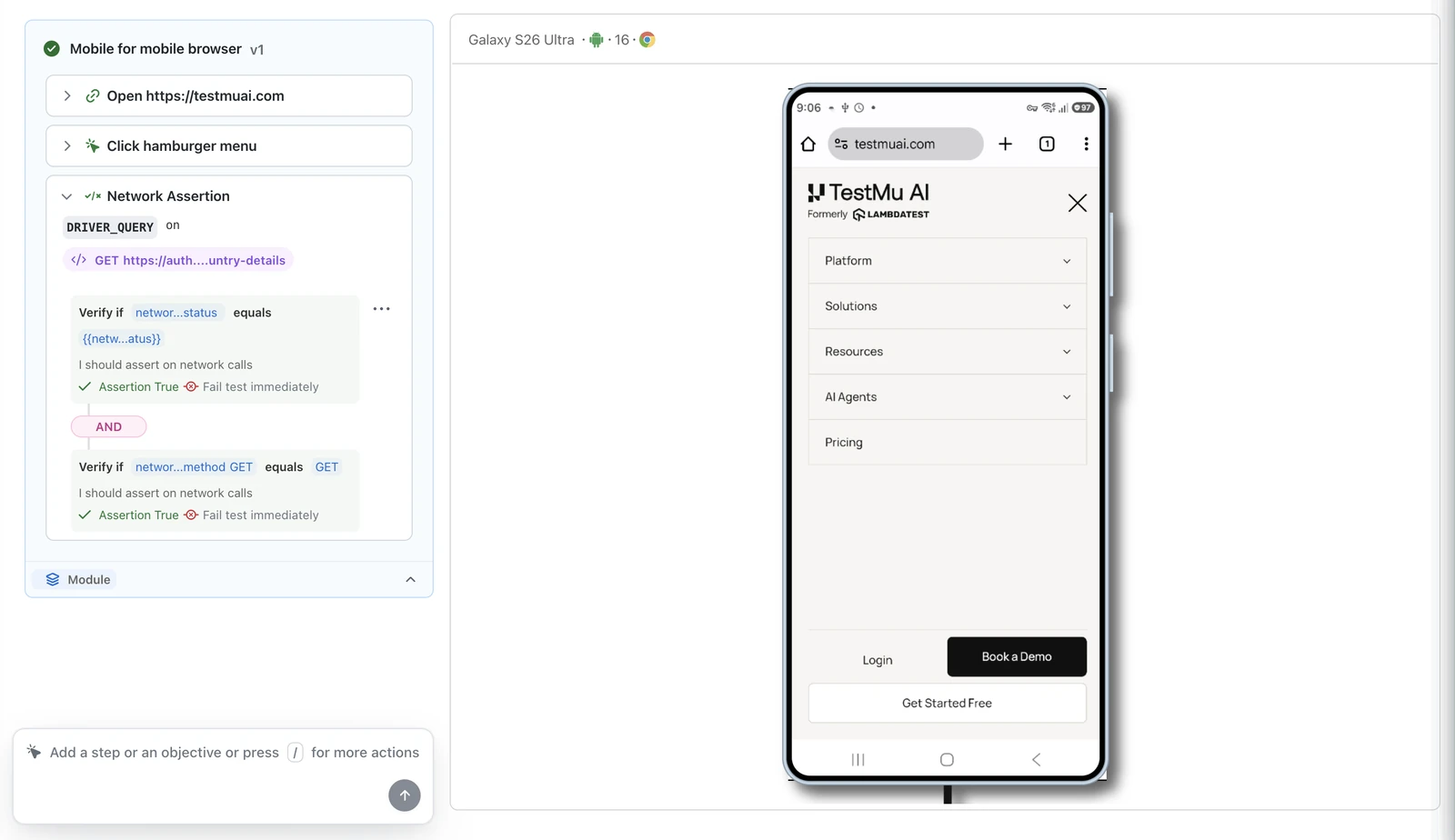 A saved module in a mobile browser session containing a Network Assertion with two conditions combined with AND