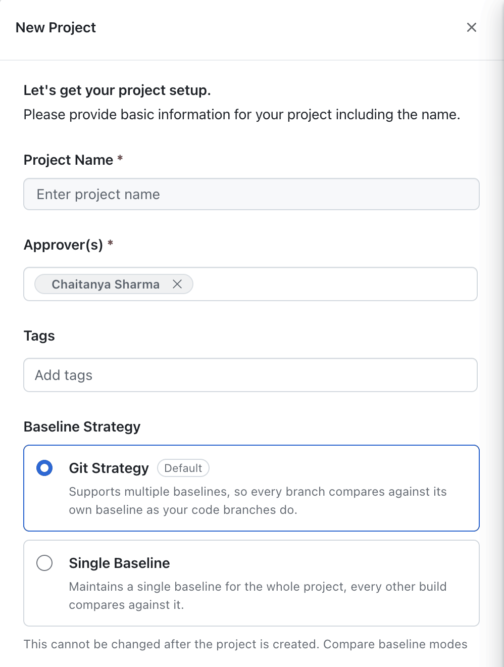 New Project drawer in SmartUI with the Baseline Strategy fieldset offering Git Strategy, tagged Default and selected, and Single Baseline
