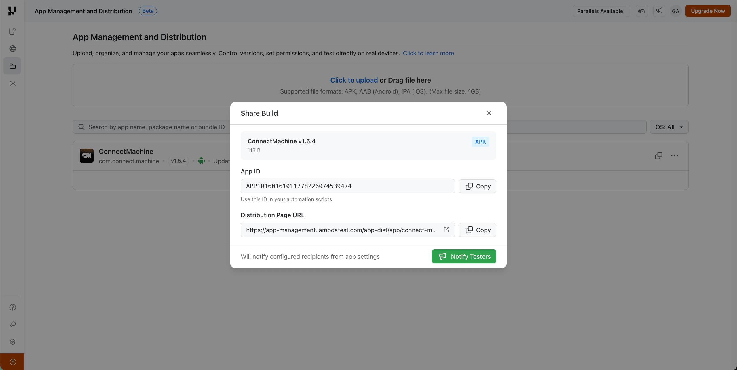 Sharing tab showing Auto-Notify on New Builds toggle and Invited Beta Testers search