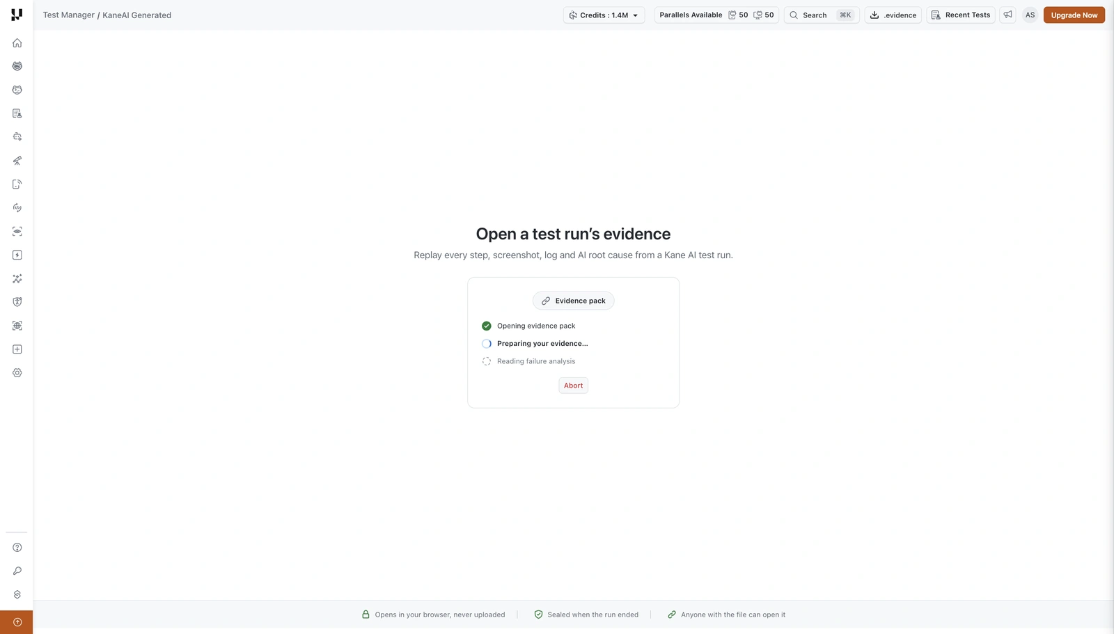 Open a test run's evidence screen loading the evidence pack