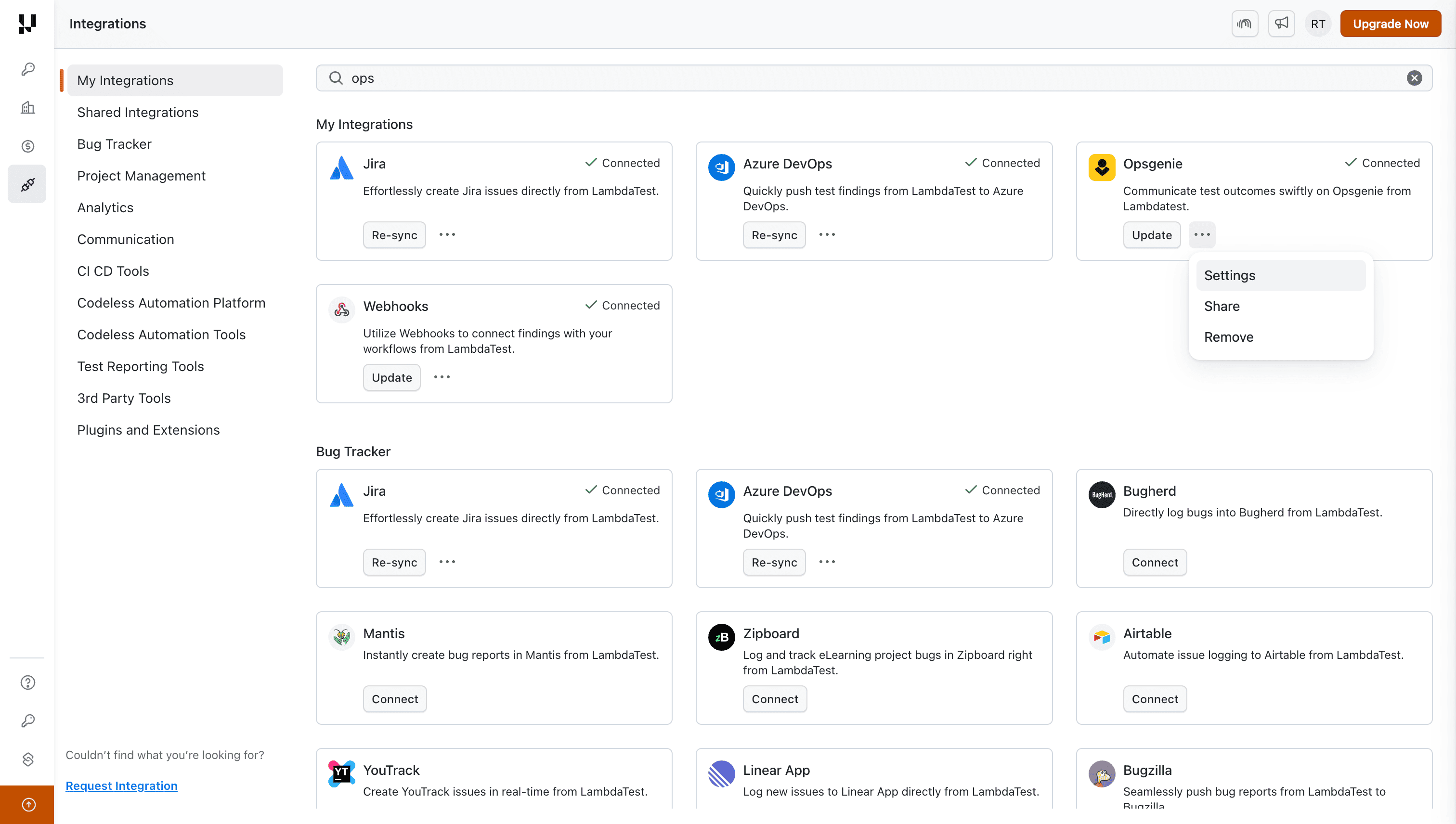 OpsGenie Integration Menu