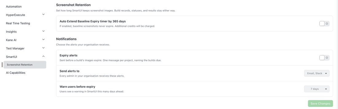 Org Product Preferences page with the SmartUI Screenshot Retention section, showing the Auto Extend Baseline Expiry toggle and the Expiry alerts, Send alerts to, and Warn users before expiry settings