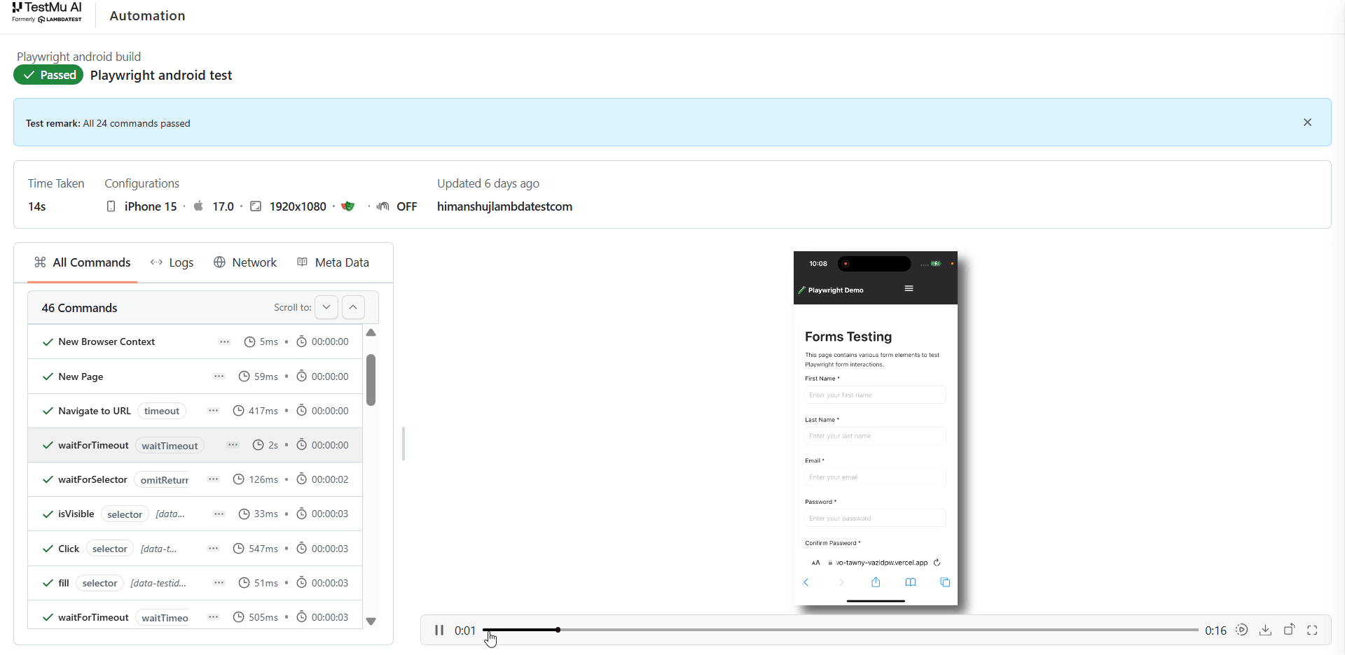 Playwright Android build and session details on TestMu AI Automation Dashboard