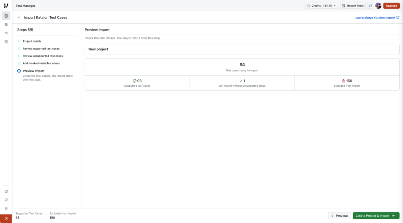 Final preview showing supported cases, cases importing without unsupported steps, and excluded cases