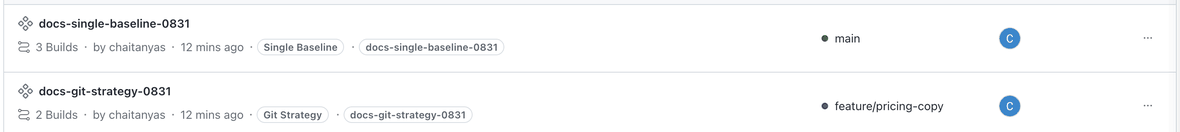 Two project rows in the SmartUI project list, one chipped Single Baseline and one chipped Git Strategy