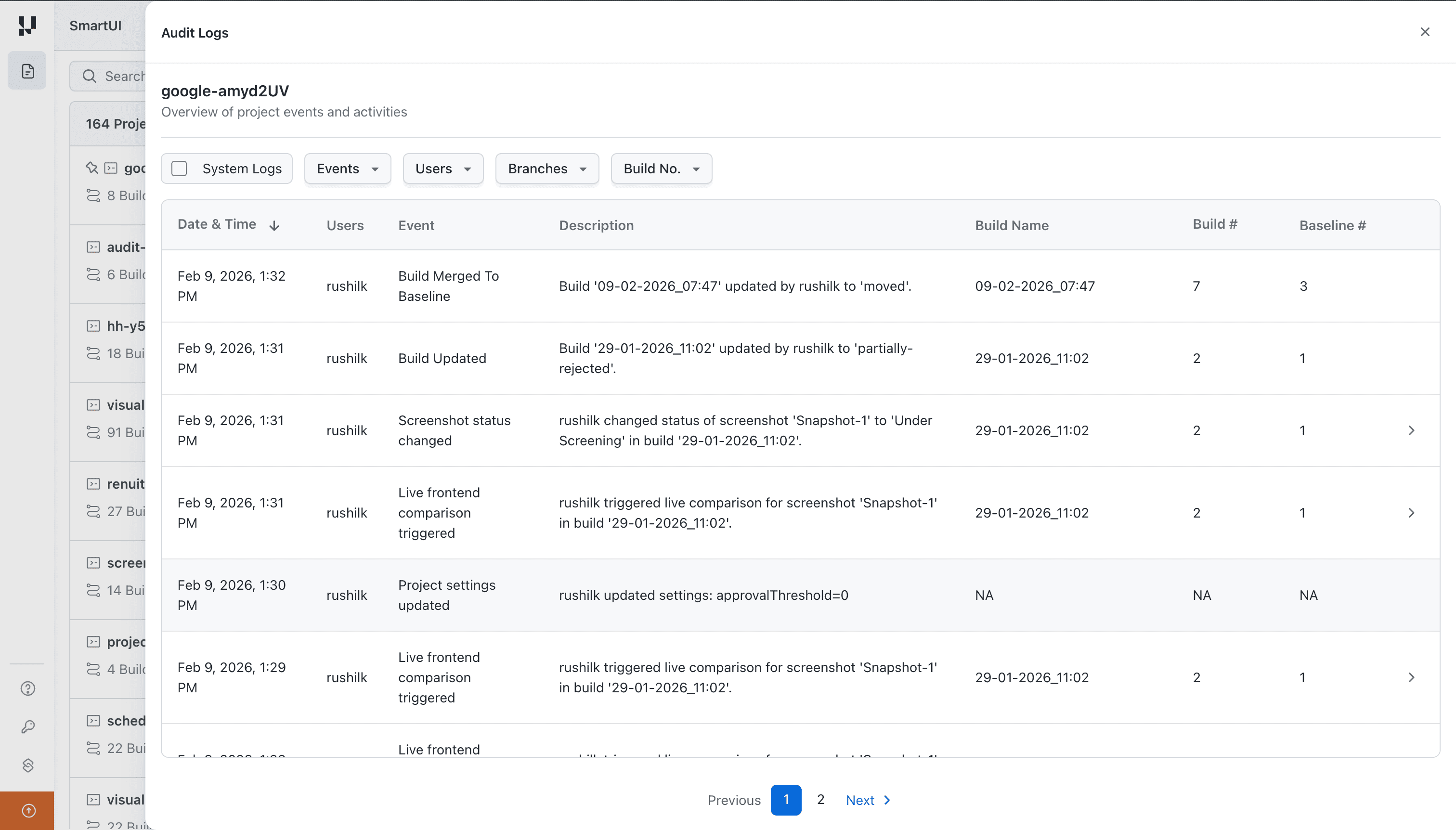 Project-level audit history