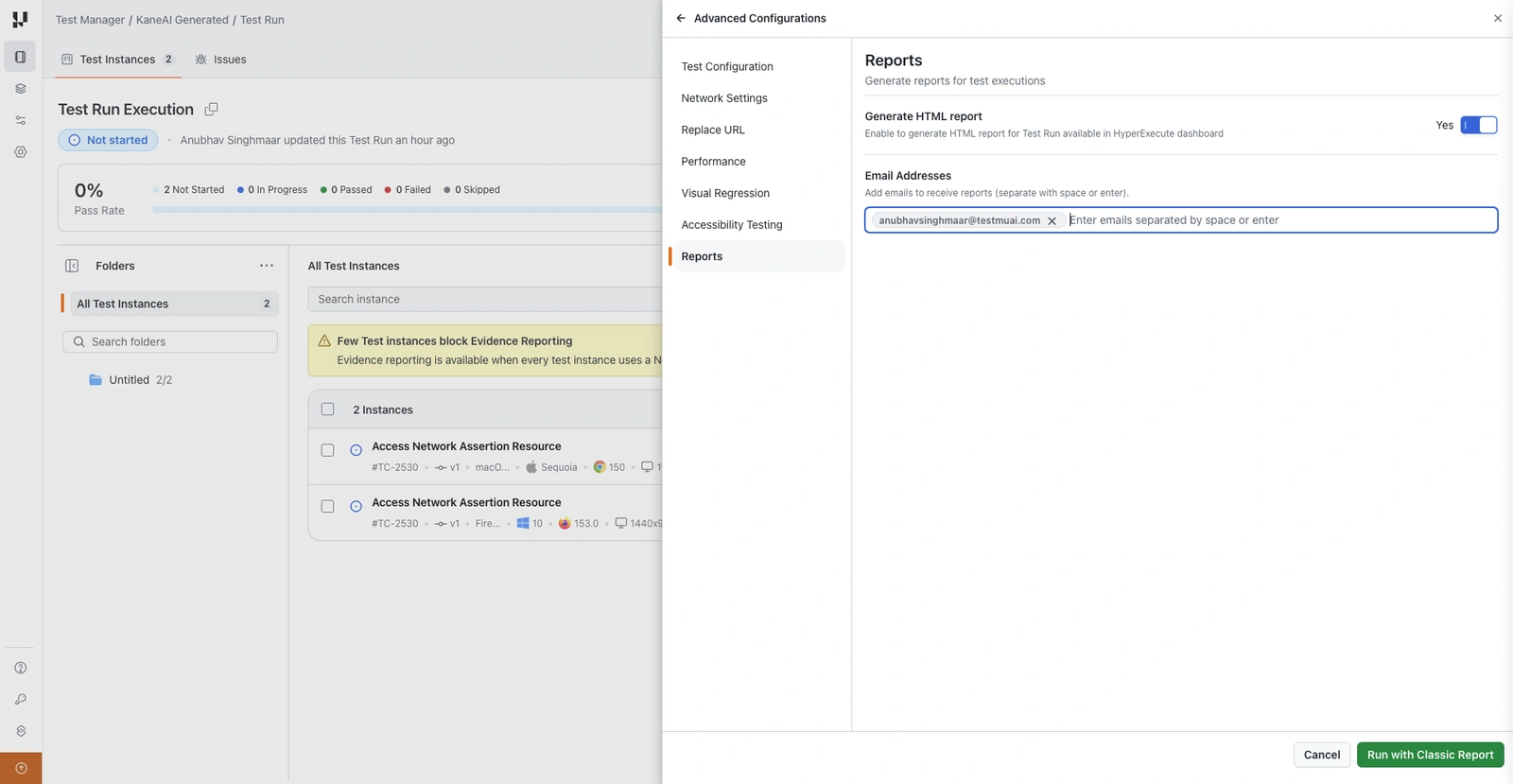 Reports option in Advanced Configurations