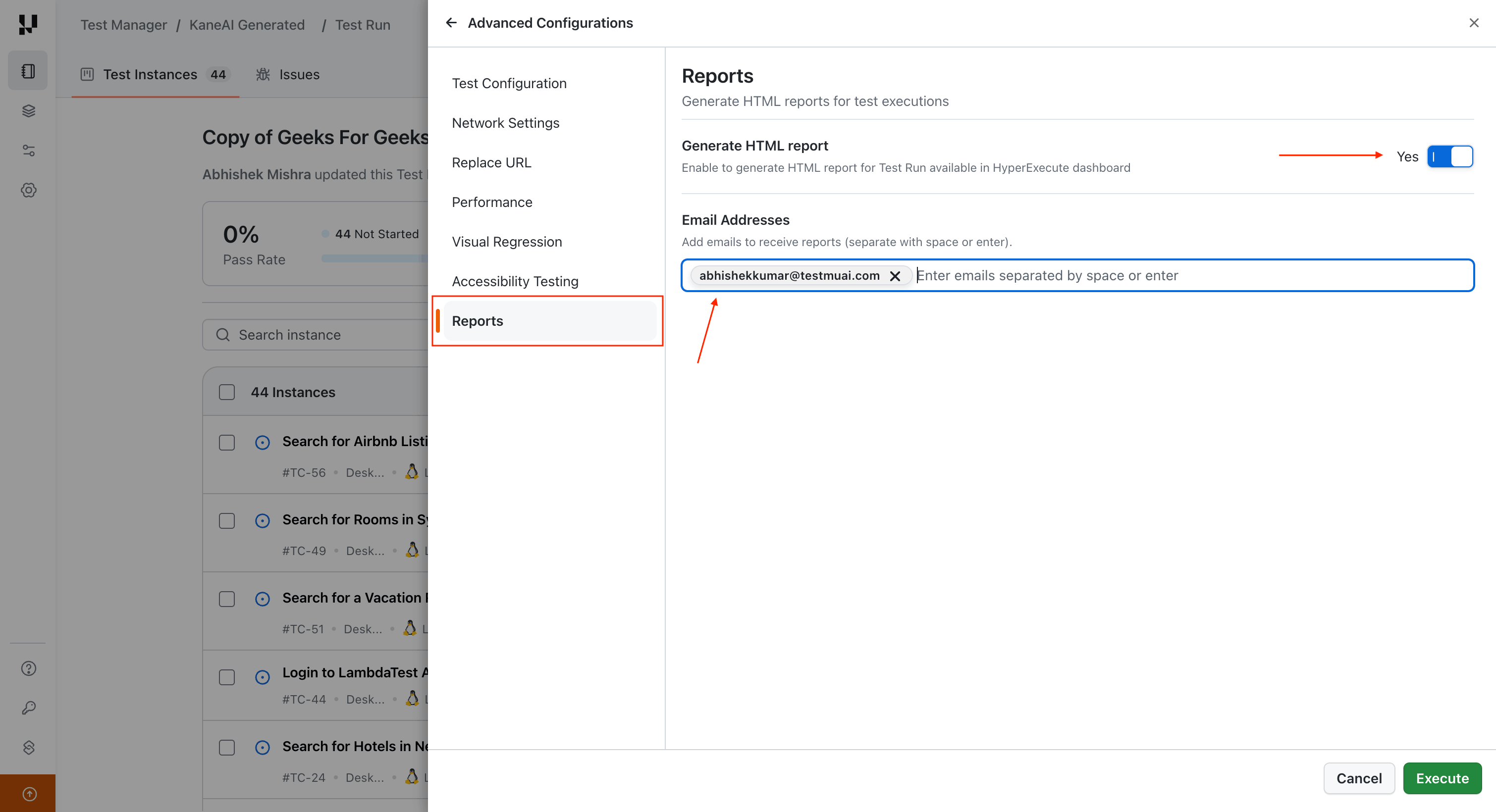 Reports option in Advanced Configurations