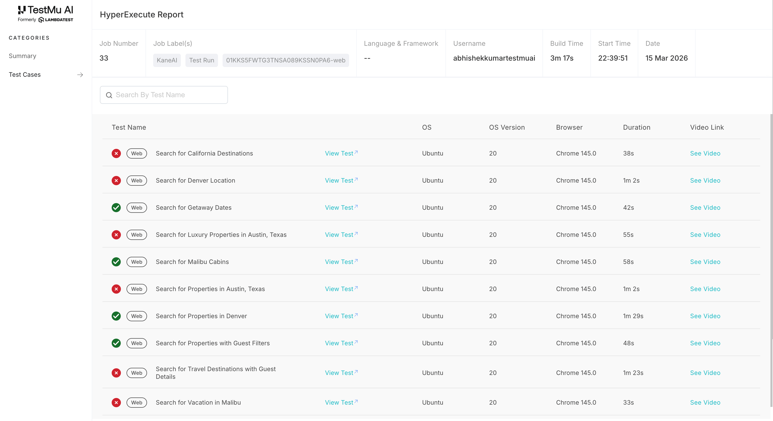 HTML report test cases page