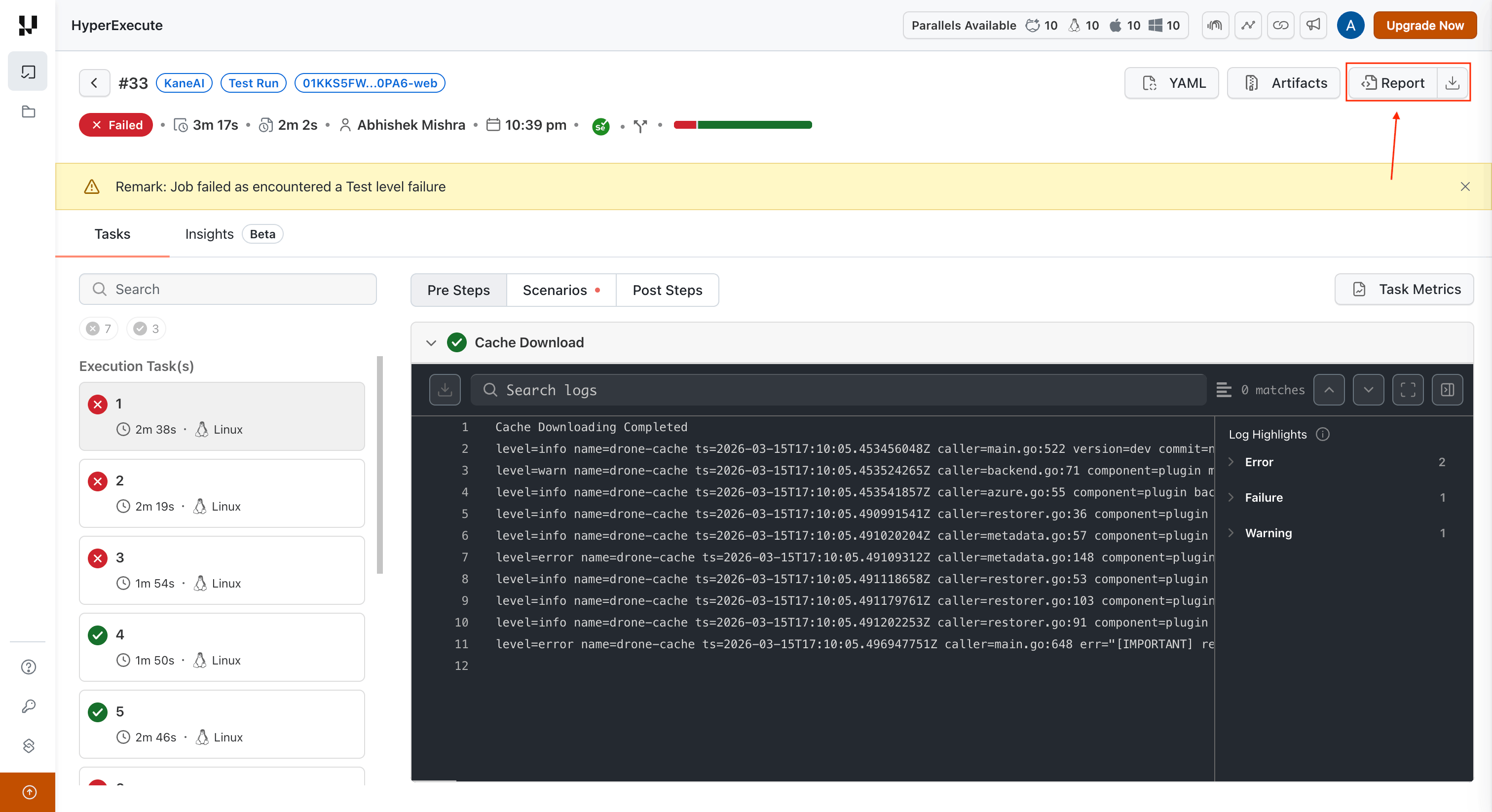 HTML report on HyperExecute Job page
