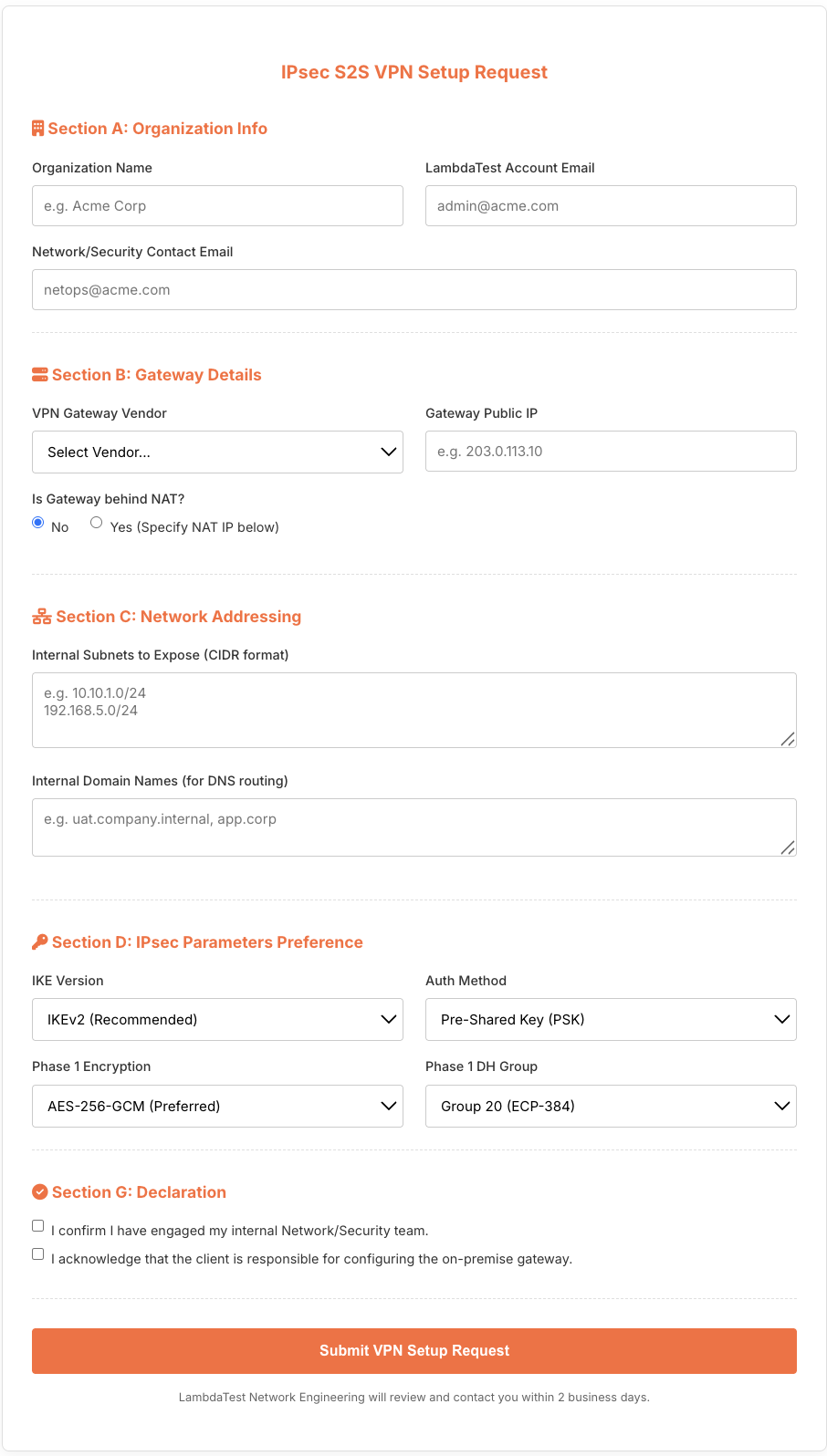 S2S VPN Requirement Form