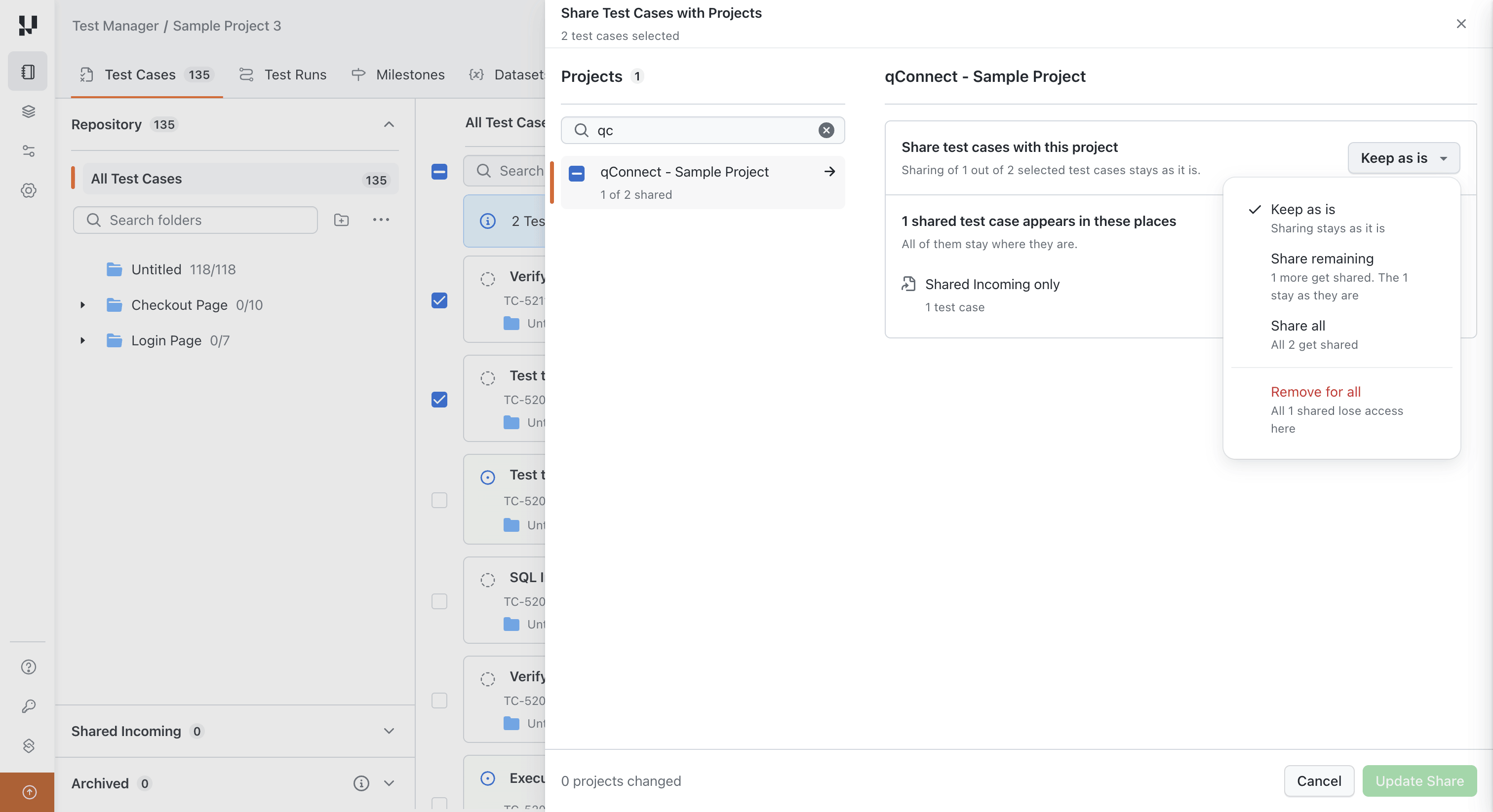 Options for a receiving project where some of the selected test cases are already shared